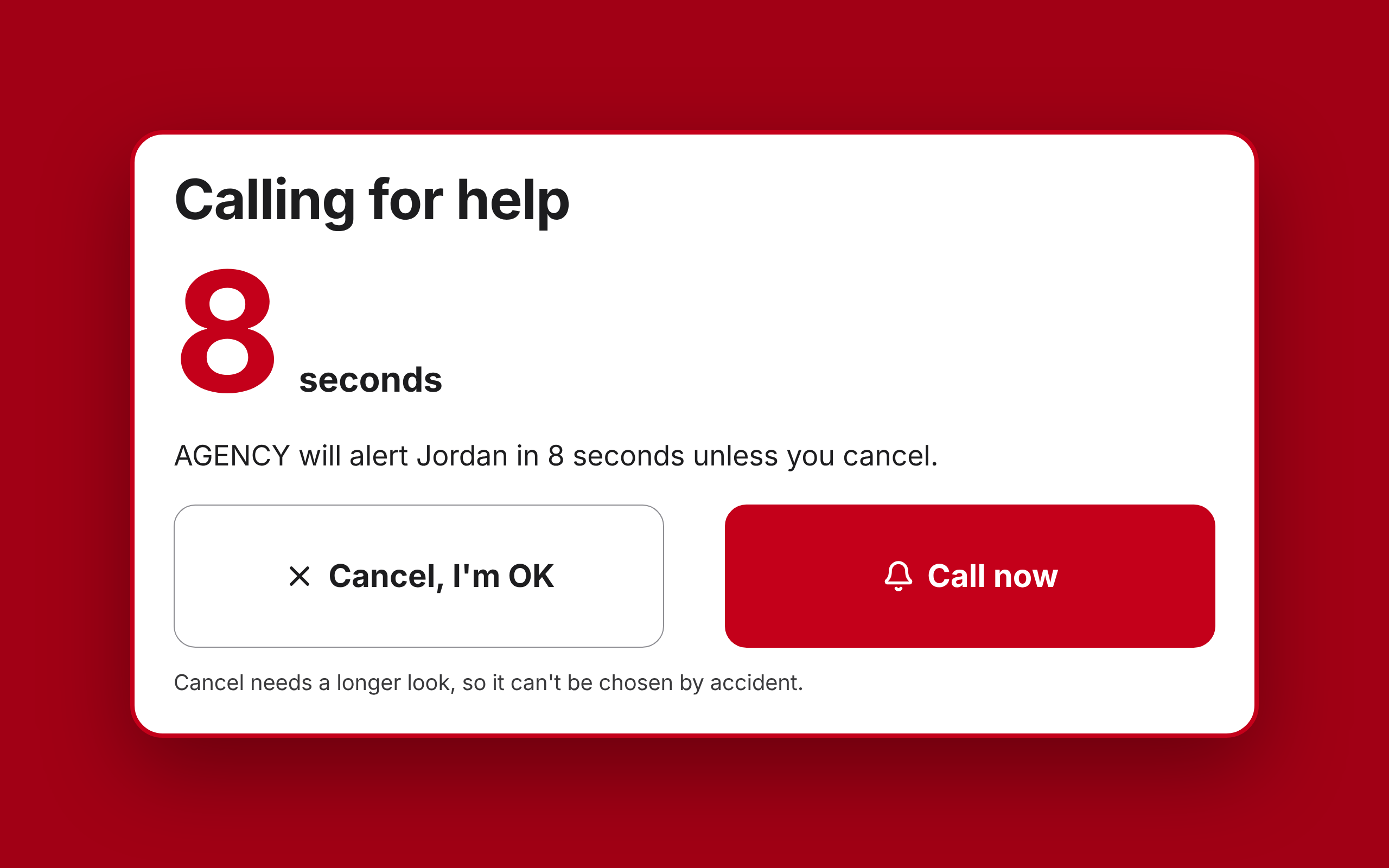 Lifeline's 8-second countdown after asking for help: AGENCY will alert Jordan unless you cancel. Cancel needs a longer look; Call now skips the wait.