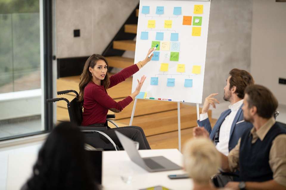 A woman in a wheelchair leads a planning meeting at a whiteboard.
