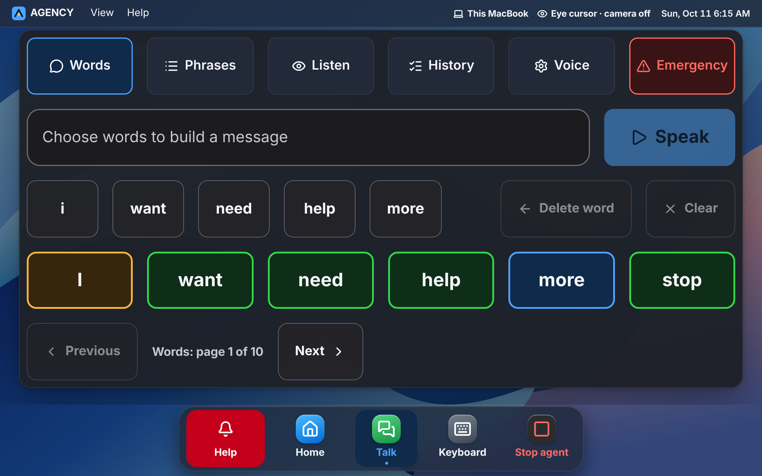 Talk: big word buttons build a sentence to speak out loud, with tabs for Phrases, Listen, History, Voice and Emergency.
