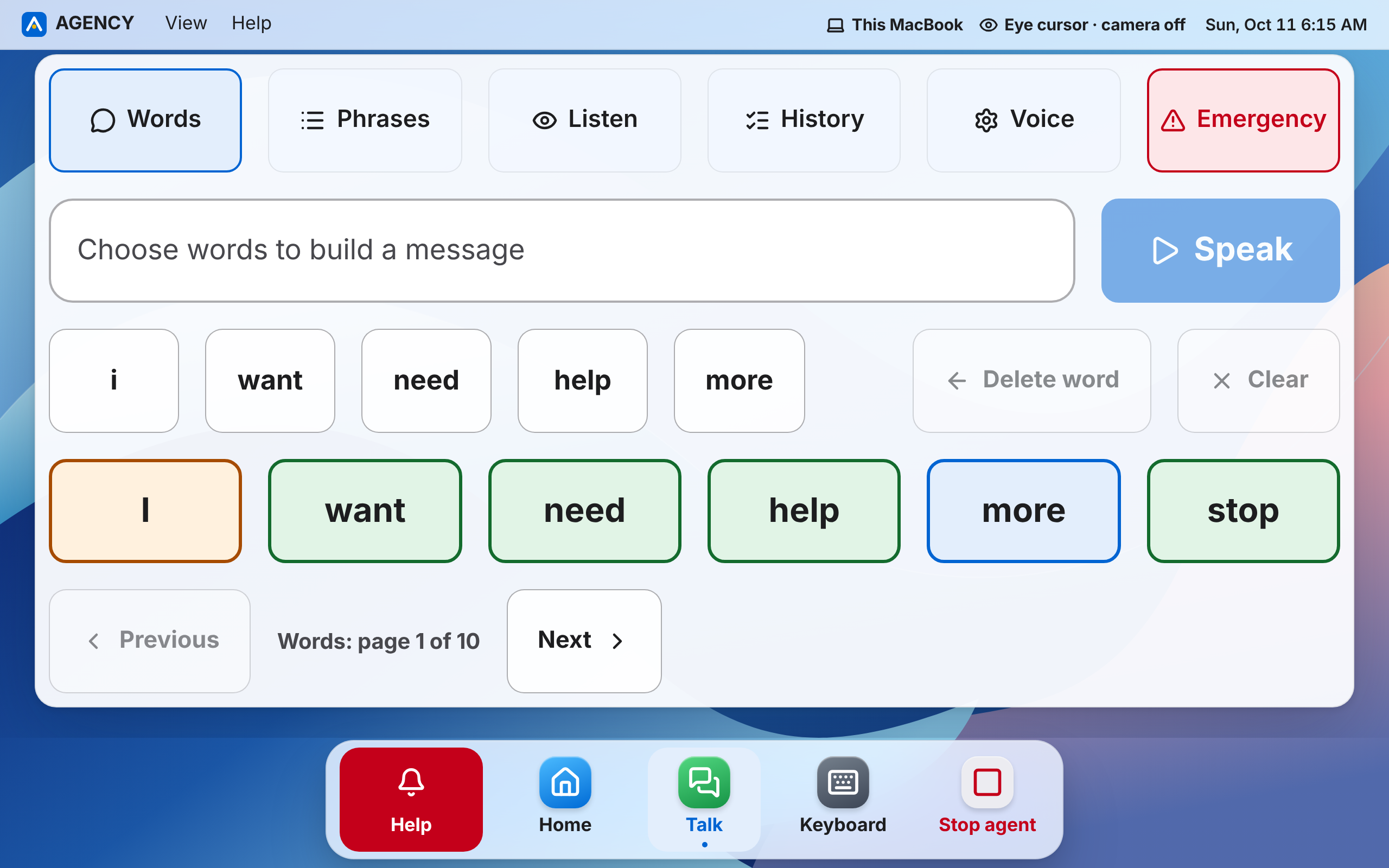Talk: big word buttons build a sentence to speak out loud, with tabs for Phrases, Listen, History, Voice and Emergency.